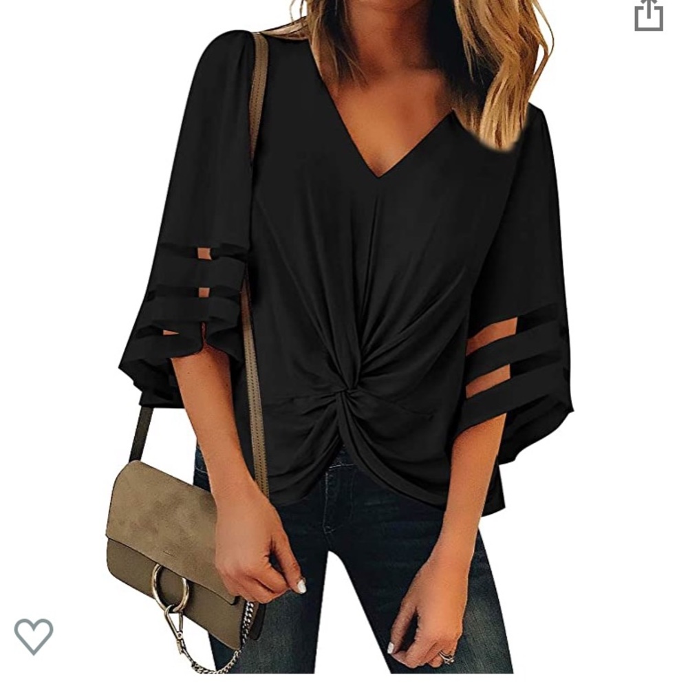 NWOT V-Neck Twist Knot Mesh Panel Blouse